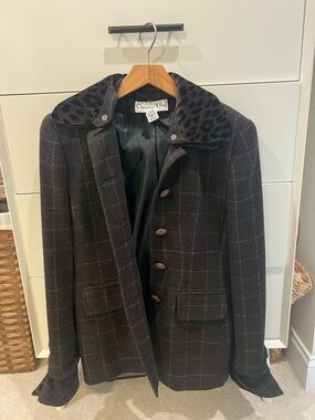 Dior Black Wool Coat with Leopard-Print Collar